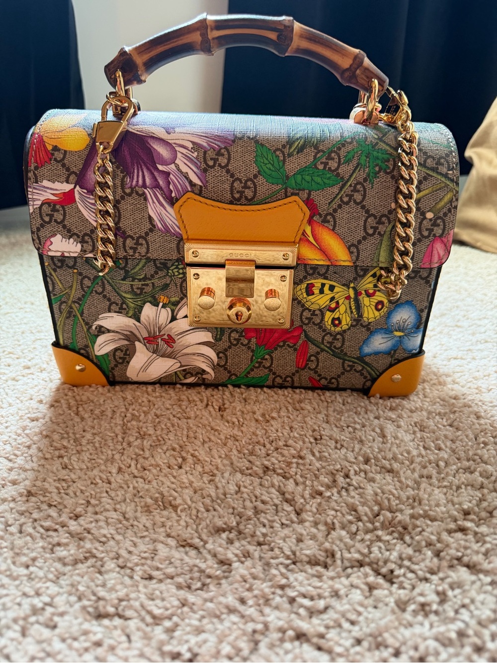 Gucci Floral GG Supreme Bamboo Top Handle Satchel in Yellow and Multicolor